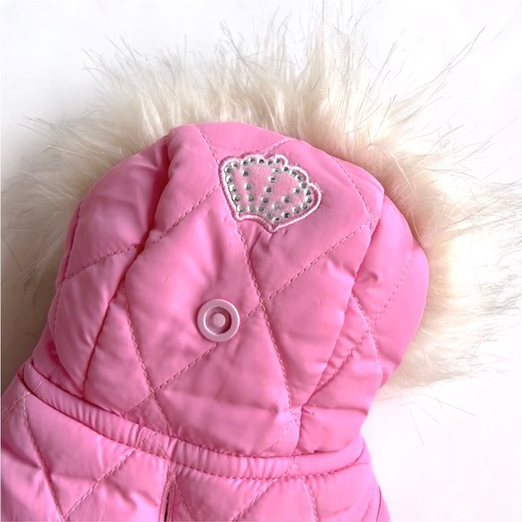 Baby Pink XXS Doggy Puffer Jacket w/Rhinestone Crown & Jewel 💎 Heart Buttons - Picture 2 of 5